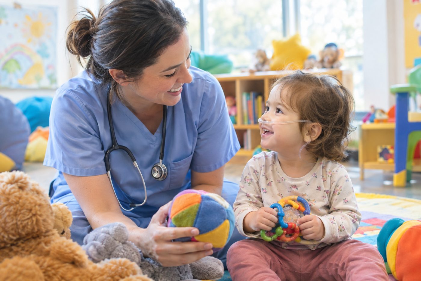 Pediatric nurse playing with a smiling toddler in a bright playroom
