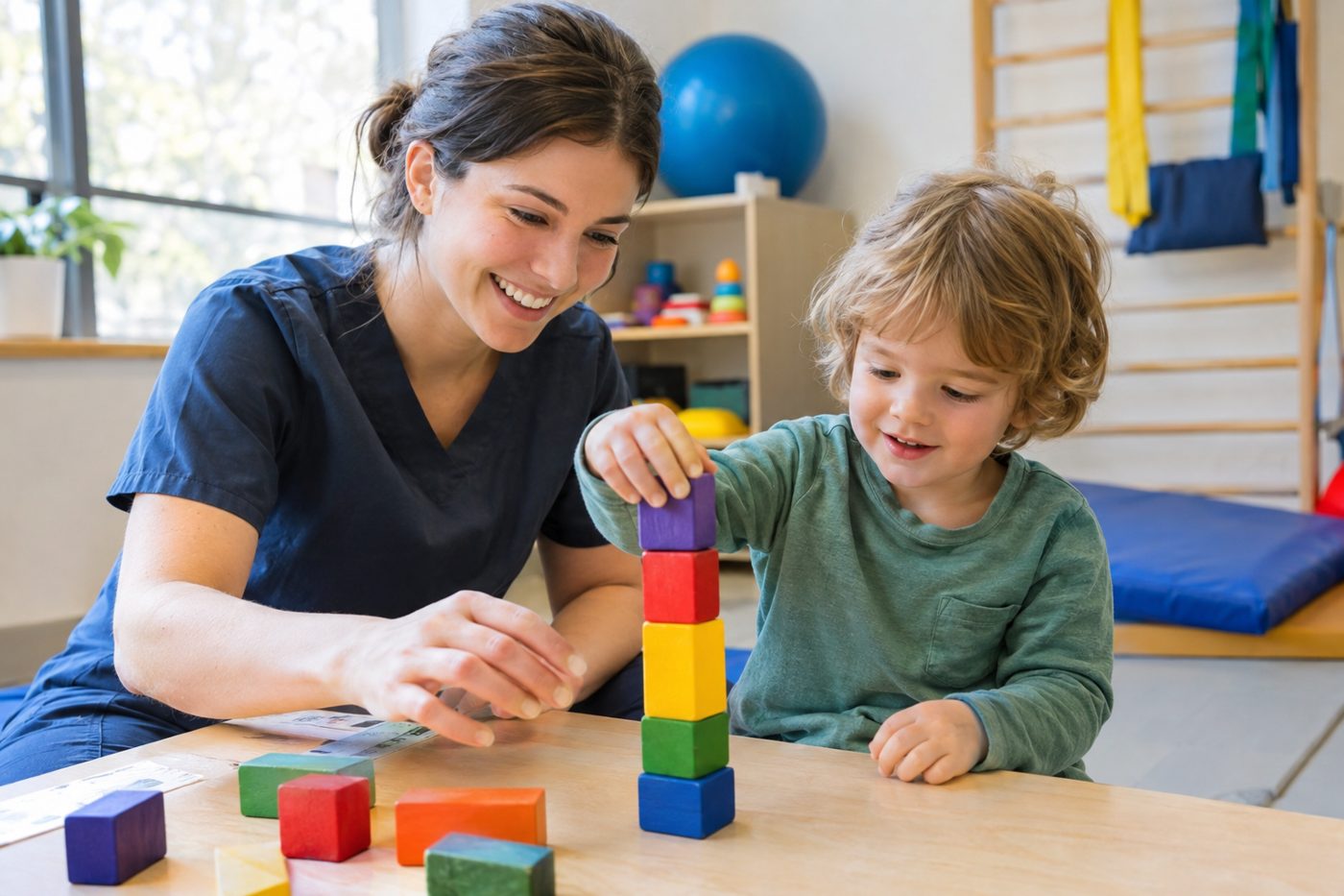 Therapist helping a young child stack colorful blocks